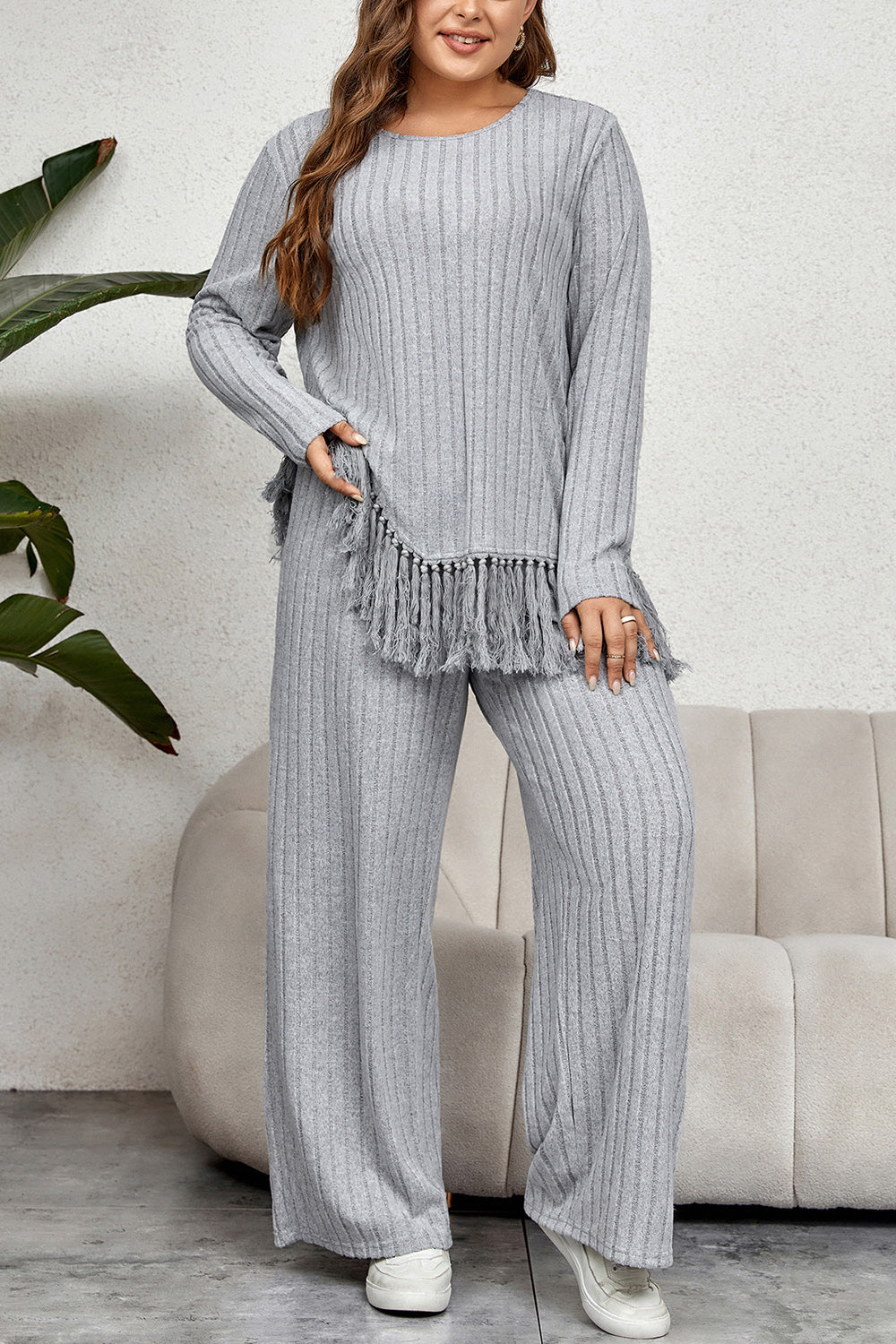 She Wears Glory™ “Divine Joy” Plus Size Tassel Hem Top and Pants Set - She Wears Glory Beverly Hills