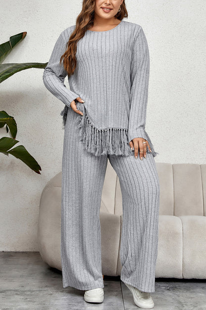 She Wears Glory™ “Divine Joy” Plus Size Tassel Hem Top and Pants Set - She Wears Glory Beverly Hills