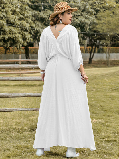 She Wears Glory™ “Graceful Anointing” Plus Size Swiss Dot V-Neck Three-Quarter Sleeve Dress - She Wears Glory Beverly Hills