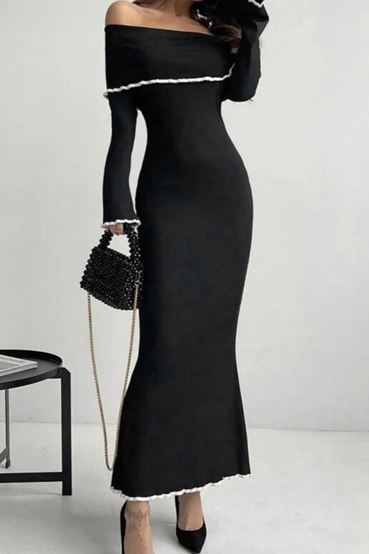 She Wears Glory™ Contrast Trim Off-Shoulder Long Sleeve Maxi Sweater Dress - She Wears Glory Beverly Hills