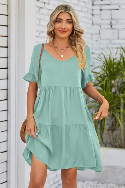 She Wears Glory™ Mandy V-Neck Flounce Sleeve Tiered Dress - She Wears Glory Beverly Hills