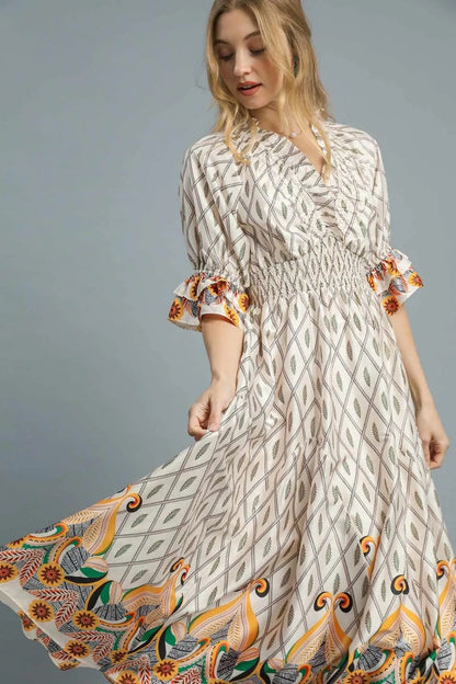 She Wears Glory™ Printed Smocked Waist Flounce Sleeve Midi Dress - She Wears Glory Beverly Hills