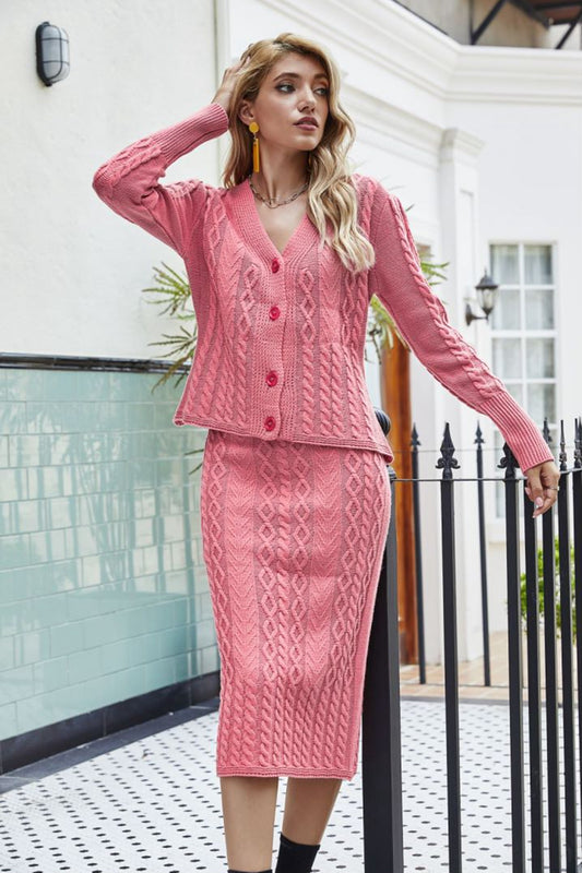 She Wears Glory™ Knit in Grace V-Neck Cardigan &amp; Skirt Set - She Wears Glory Beverly Hills