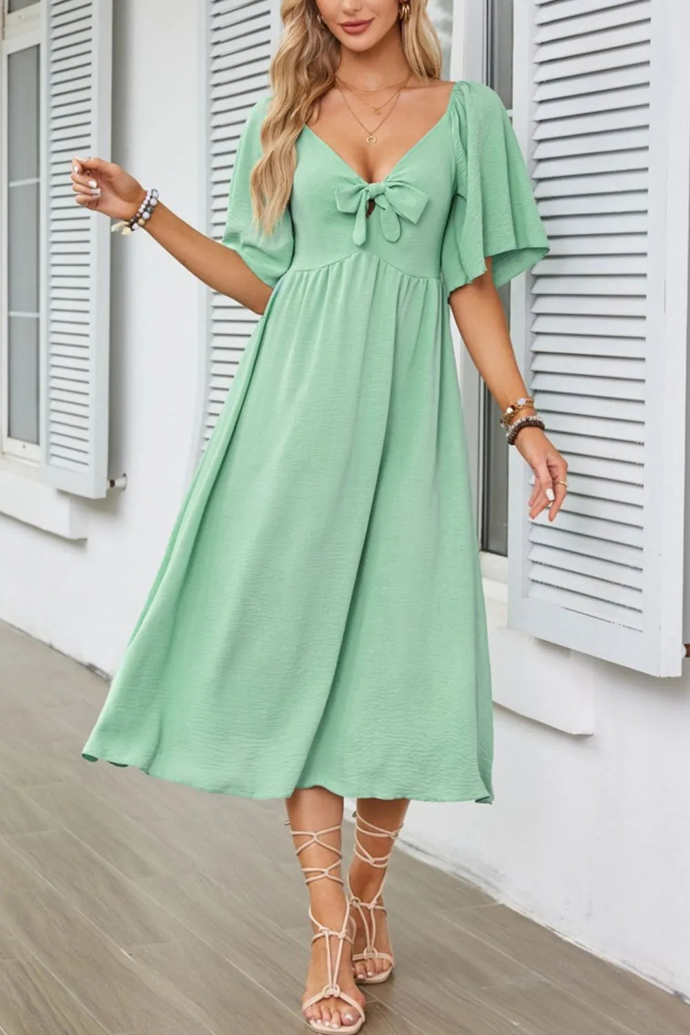 Smocked Tie Front Flutter Sleeve Midi Dress - She Wears Glory Beverly Hills
