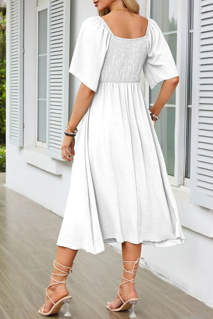 Smocked Tie Front Flutter Sleeve Midi Dress - She Wears Glory Beverly Hills