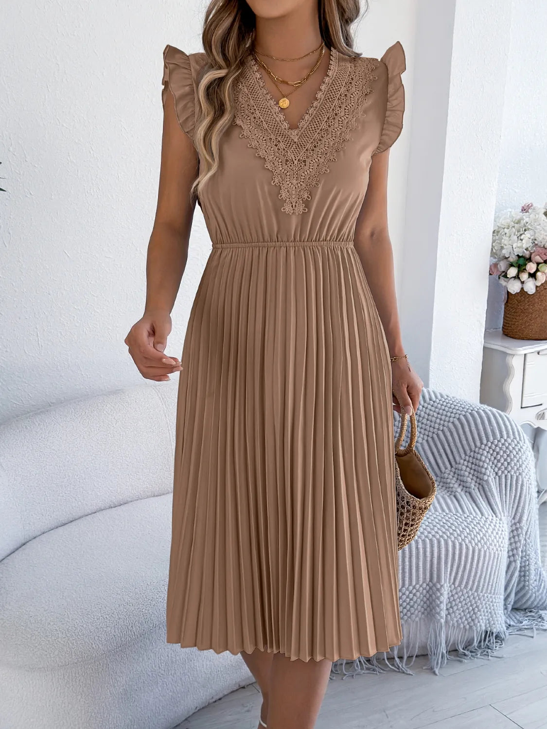 She Wears Glory™ “Whispers of Grace” Lace & Ruffle Pleated Dress - She Wears Glory Beverly Hills