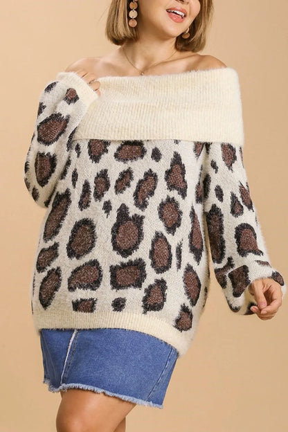 She Wears Glory™ Leopard Off-Shoulder Long Sleeve Sweater - She Wears Glory Beverly Hills