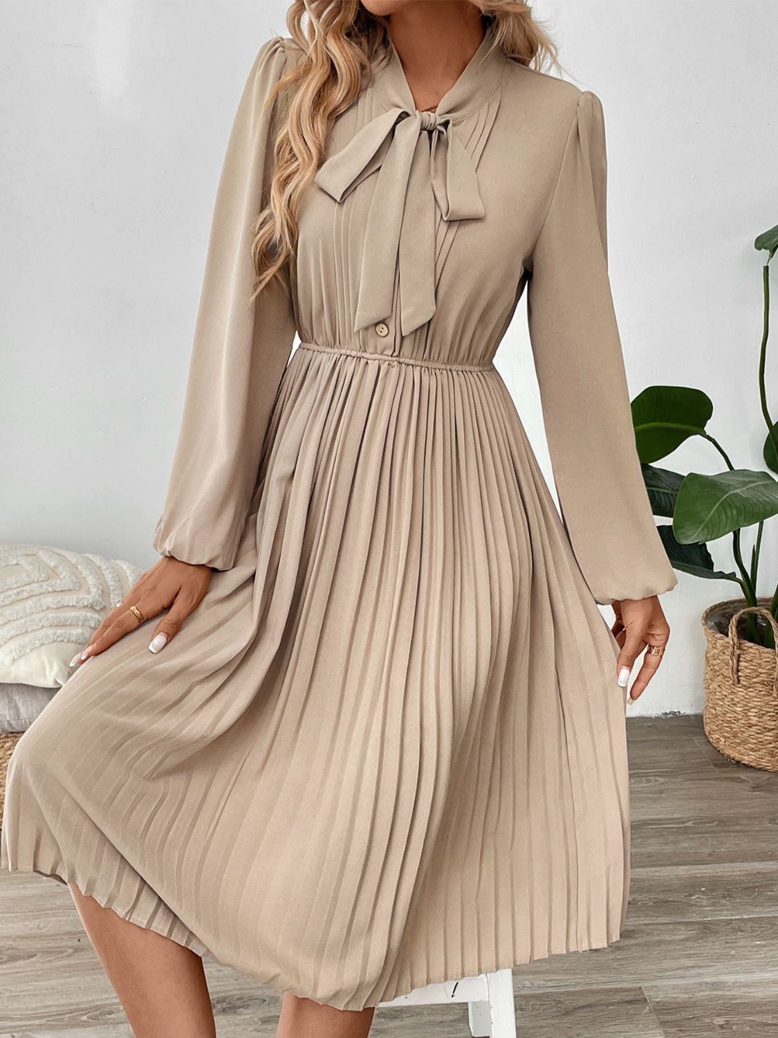 She Wears Glory™ – The Adorned Mantle Dress (Pleated Tie-Neck Long Sleeve Dress) - She Wears Glory Beverly Hills