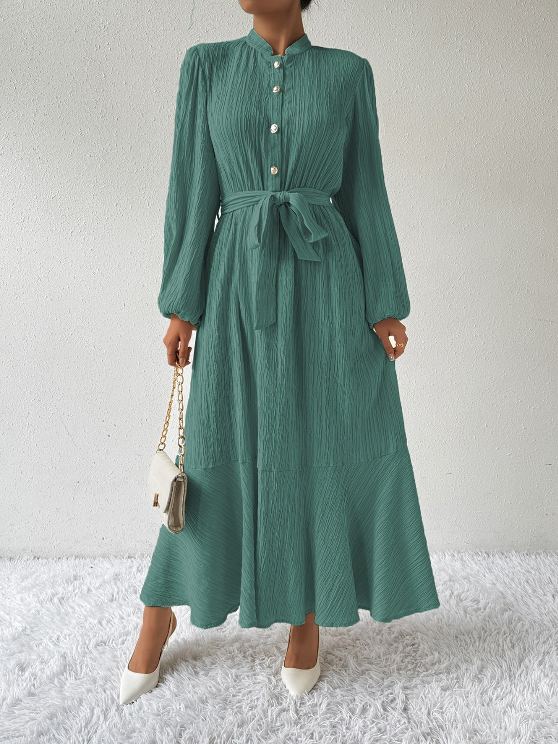 She Wears Glory™ “Honeyed Honor” Tie Waist Long Sleeve Dress - She Wears Glory Beverly Hills