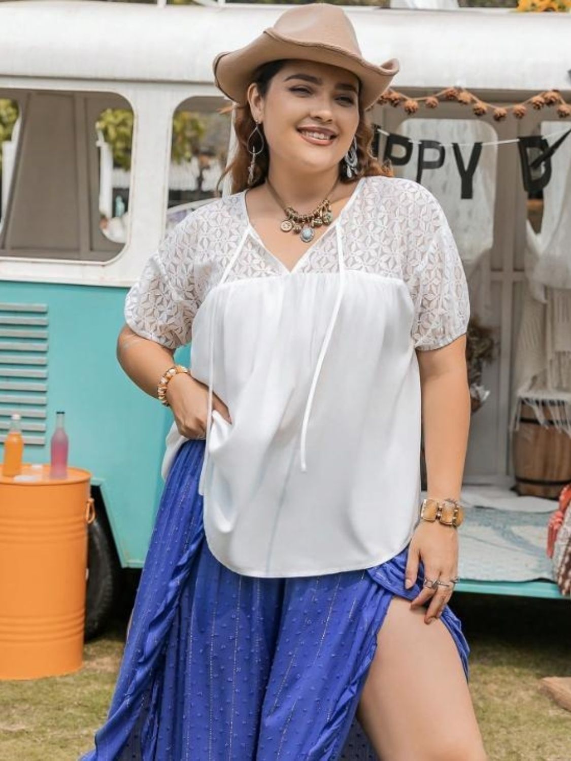 She Wears Glory™ “Whispers of Grace” Tie Neck Short Sleeve Blouse - She Wears Glory Beverly Hills