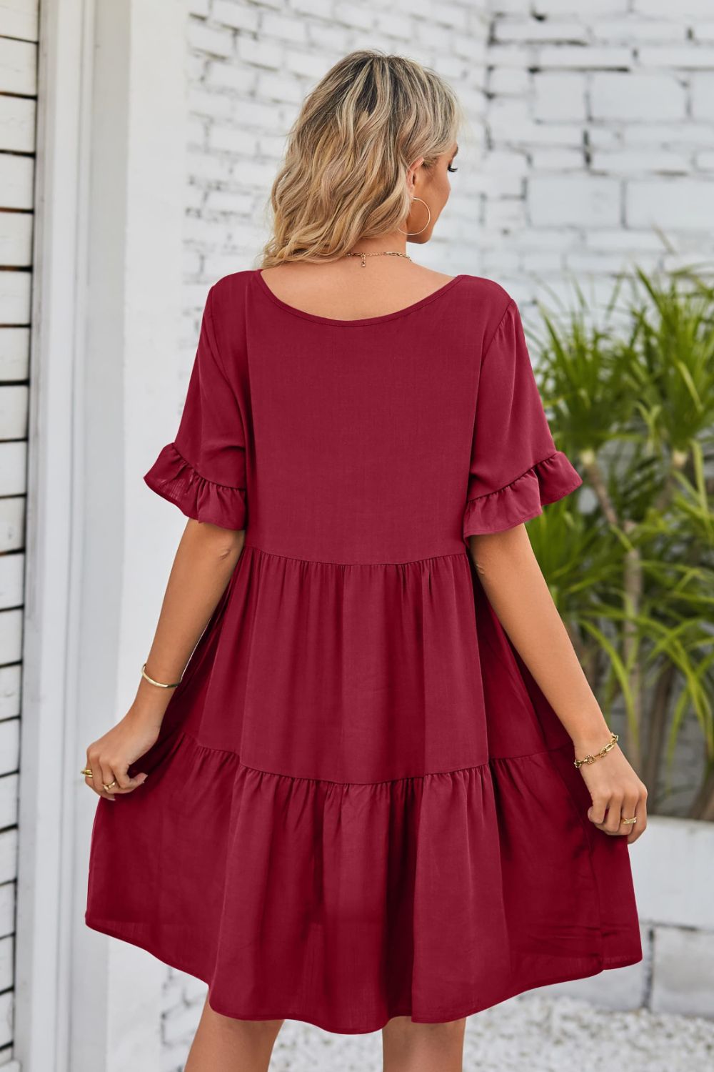 She Wears Glory™ Mandy V-Neck Flounce Sleeve Tiered Dress - She Wears Glory Beverly Hills