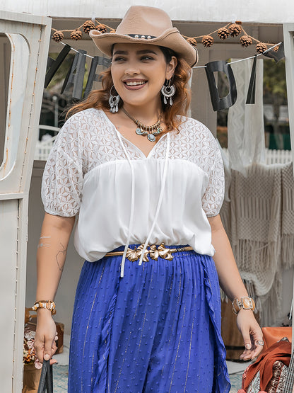 She Wears Glory™ “Whispers of Grace” Tie Neck Short Sleeve Blouse - She Wears Glory Beverly Hills