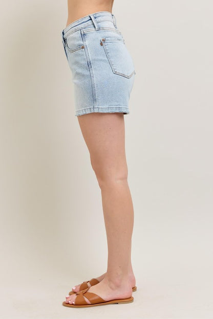 She Wears Glory™ “Summer Haven” Frayed Hem High Rise Denim Shorts with Pockets – Plus Size - She Wears Glory Beverly Hills