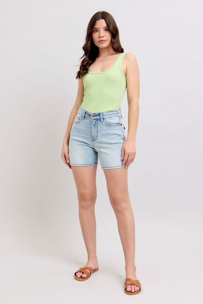 She Wears Glory™ “Redeemed Denim” 2-Button High-Rise Shorts with Pockets – Plus Size - She Wears Glory Beverly Hills