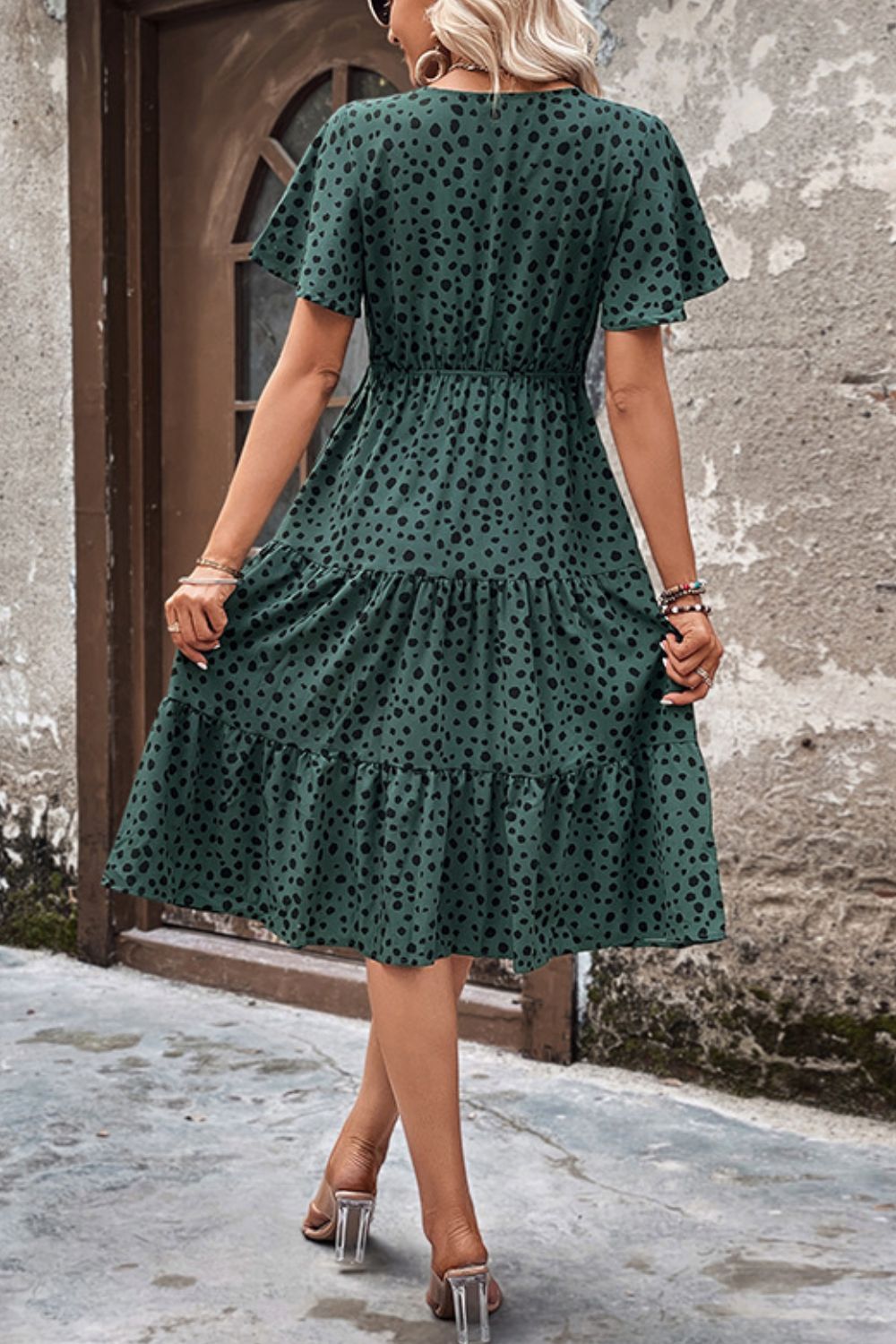 Perfee Printed Buttoned V-Neck Flutter Sleeve Dress - She Wears Glory Beverly Hills