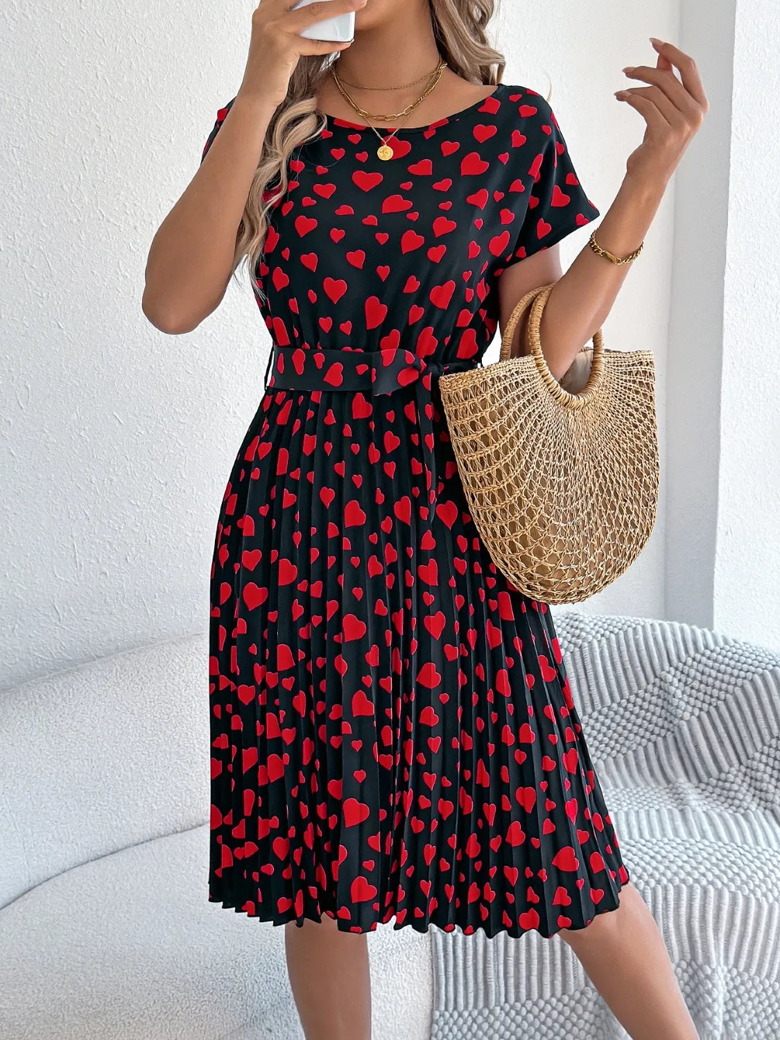 She Wears Glory™ “Hearts Set Apart” Tie-Waist Pleated Dress - She Wears Glory Beverly Hills