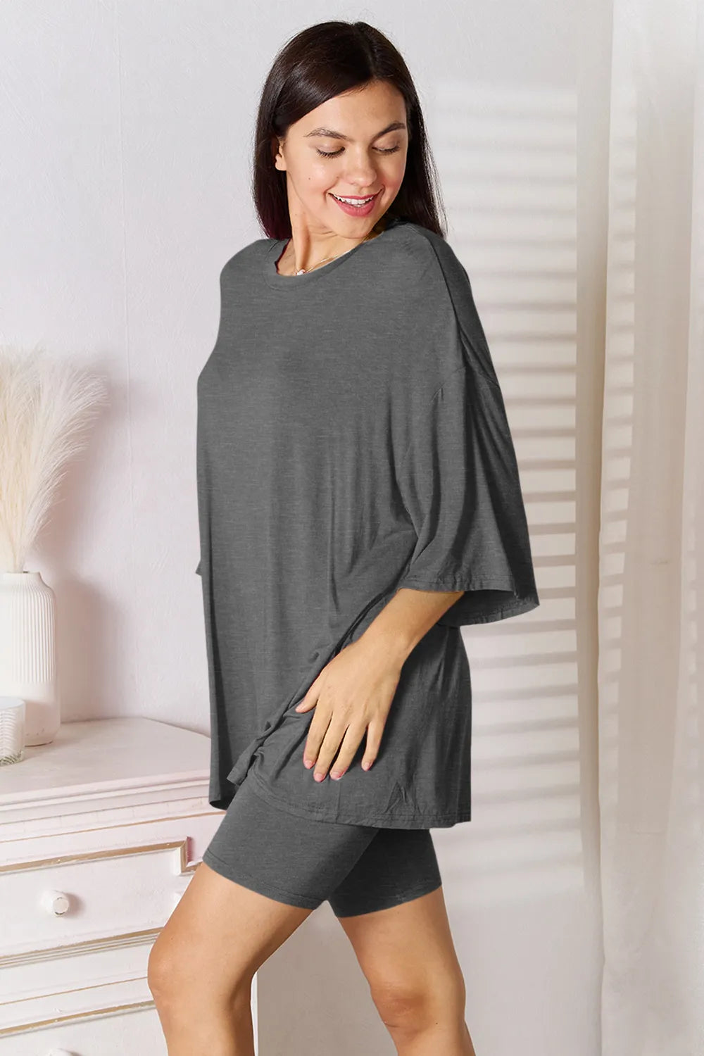 She Wears Glory™ Sacred Comfort Lounge Set Two-Piece Soft Rayon Three-Quarter Sleeve Top and Shorts Set - She Wears Glory Beverly Hills