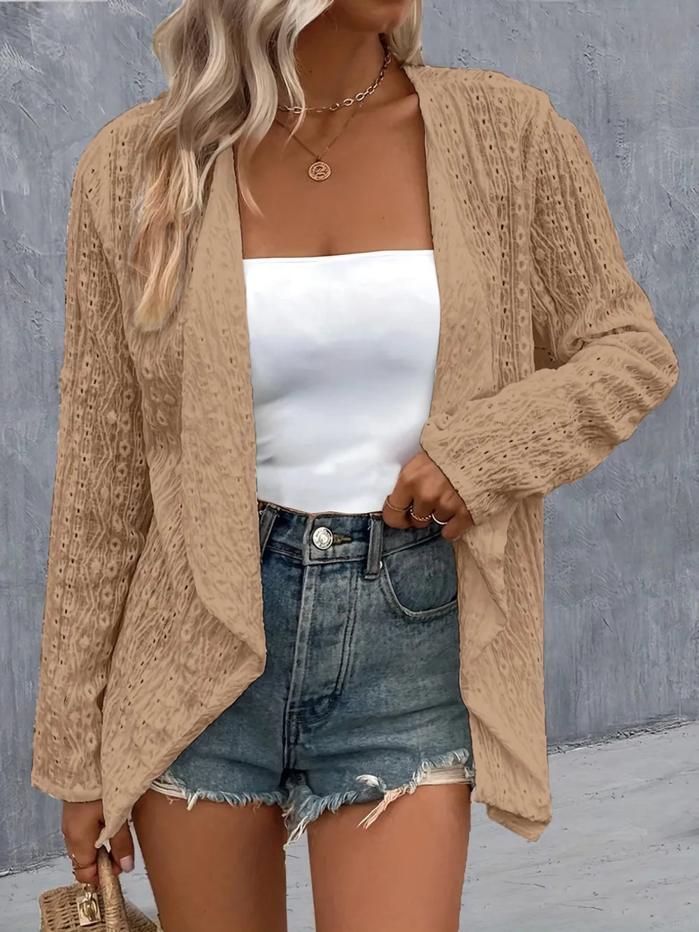 She Wears Glory™ Eyelet Roll-Tab Sleeve Cardigan - She Wears Glory Beverly Hills
