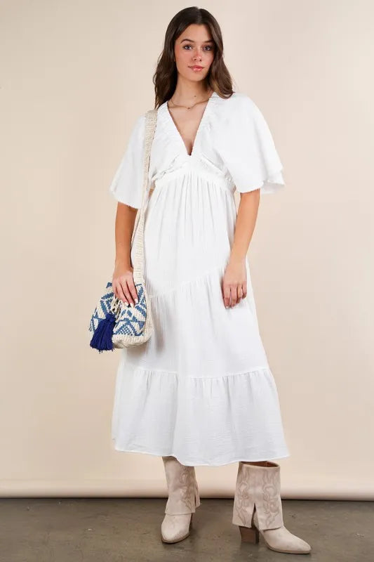 She Wears Glory™ Mineral Washed Elastic Neck Detail Midi Dress - She Wears Glory Beverly Hills