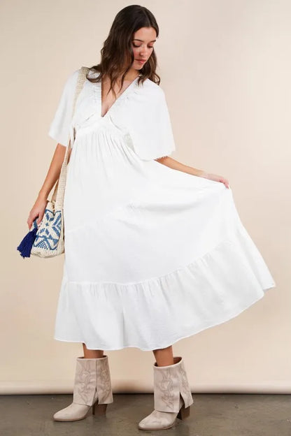 She Wears Glory™ Mineral Washed Elastic Neck Detail Midi Dress - She Wears Glory Beverly Hills