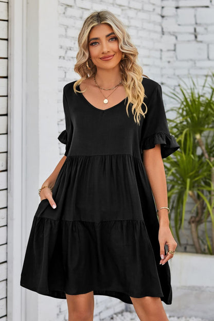 She Wears Glory™ Mandy V-Neck Flounce Sleeve Tiered Dress - She Wears Glory Beverly Hills