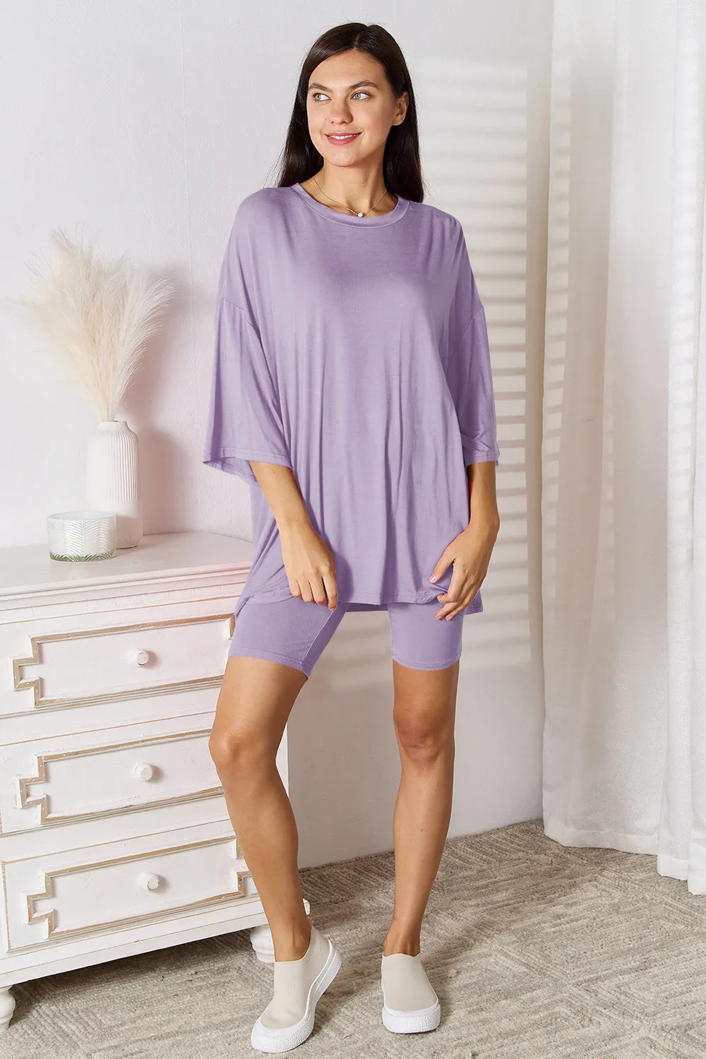 She Wears Glory™ Sacred Comfort Lounge Set Two-Piece Soft Rayon Three-Quarter Sleeve Top and Shorts Set - She Wears Glory Beverly Hills