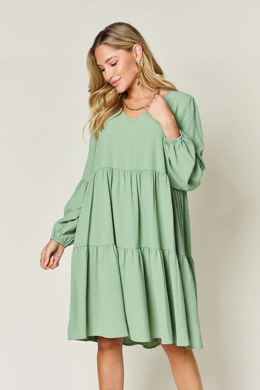 She Wears Glory™ Double Take V-Neck Balloon Sleeve Tiered Dress with Pockets - She Wears Glory Beverly Hills
