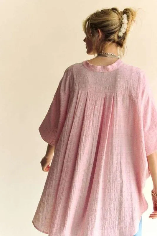 She Wears Glory™ – The Radiant Witness Shirt (Rhinestone Pleat-Back Loose Fit Blouse) - She Wears Glory Beverly Hills