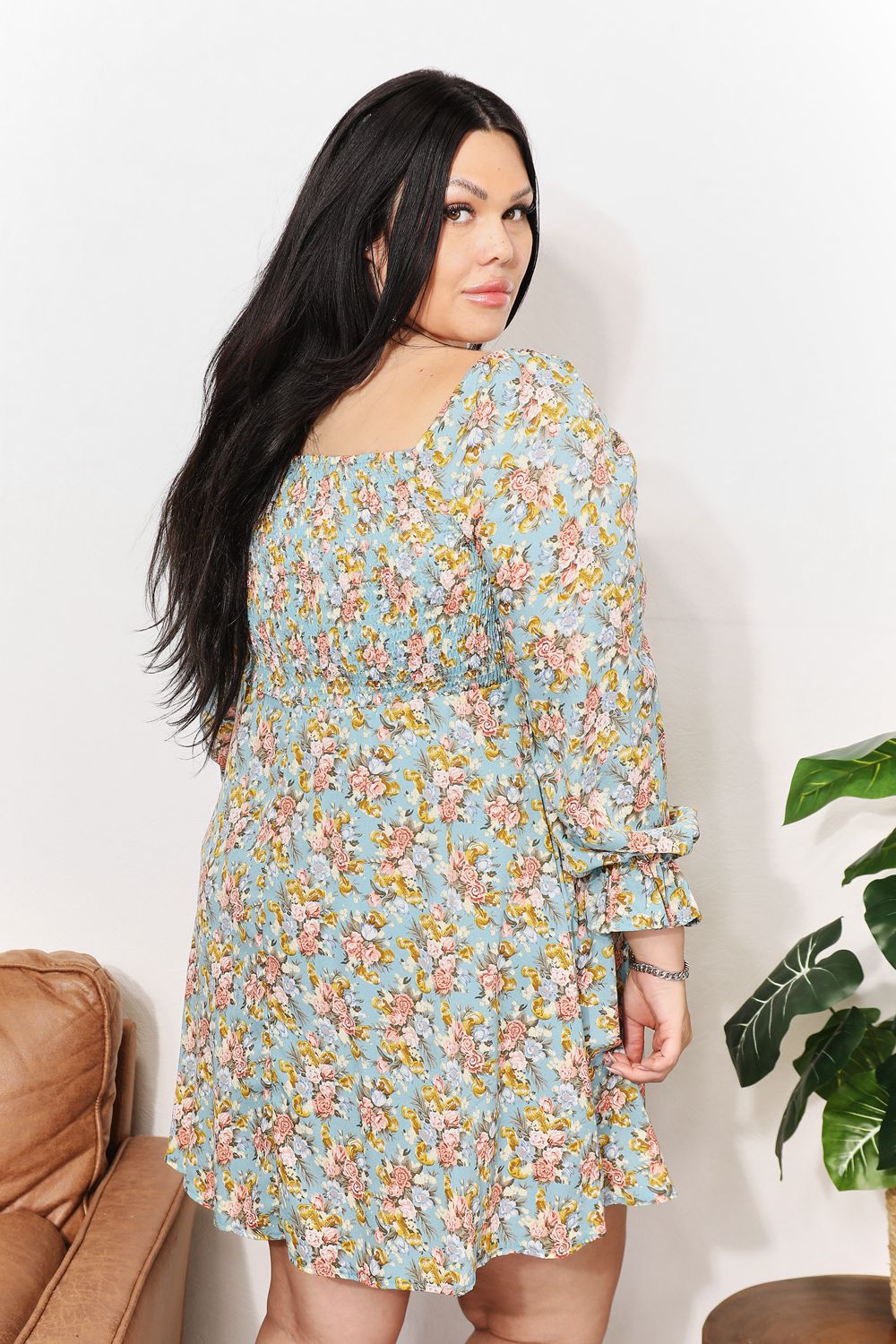 She Wears Glory™ “Eden Bloom” Honey Floral Smocked Flounce Sleeve Square Neck Dress - She Wears Glory Beverly Hills