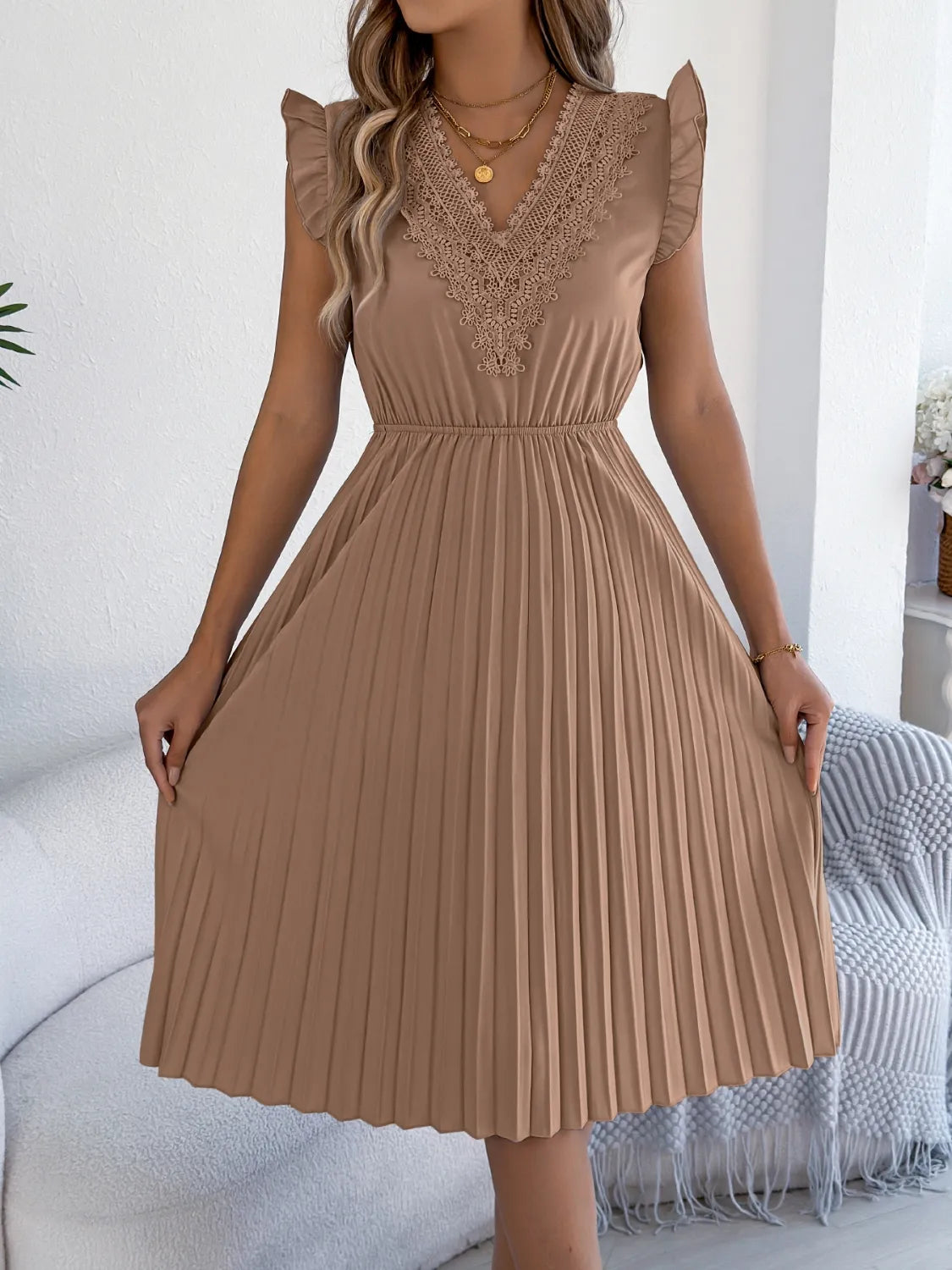 She Wears Glory™ “Whispers of Grace” Lace & Ruffle Pleated Dress - She Wears Glory Beverly Hills