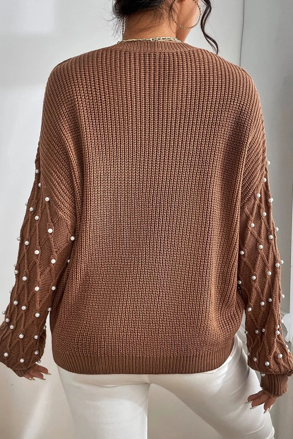 She Wears Glory™ Pearl Detail Round Neck Long Sleeve Sweater - She Wears Glory Beverly Hills