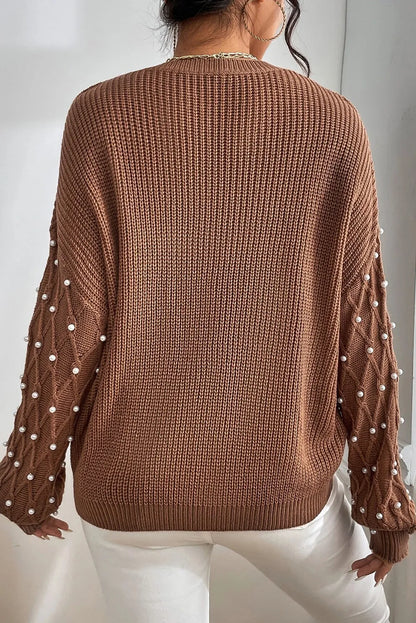 She Wears Glory™ Pearl Detail Round Neck Long Sleeve Sweater - She Wears Glory Beverly Hills