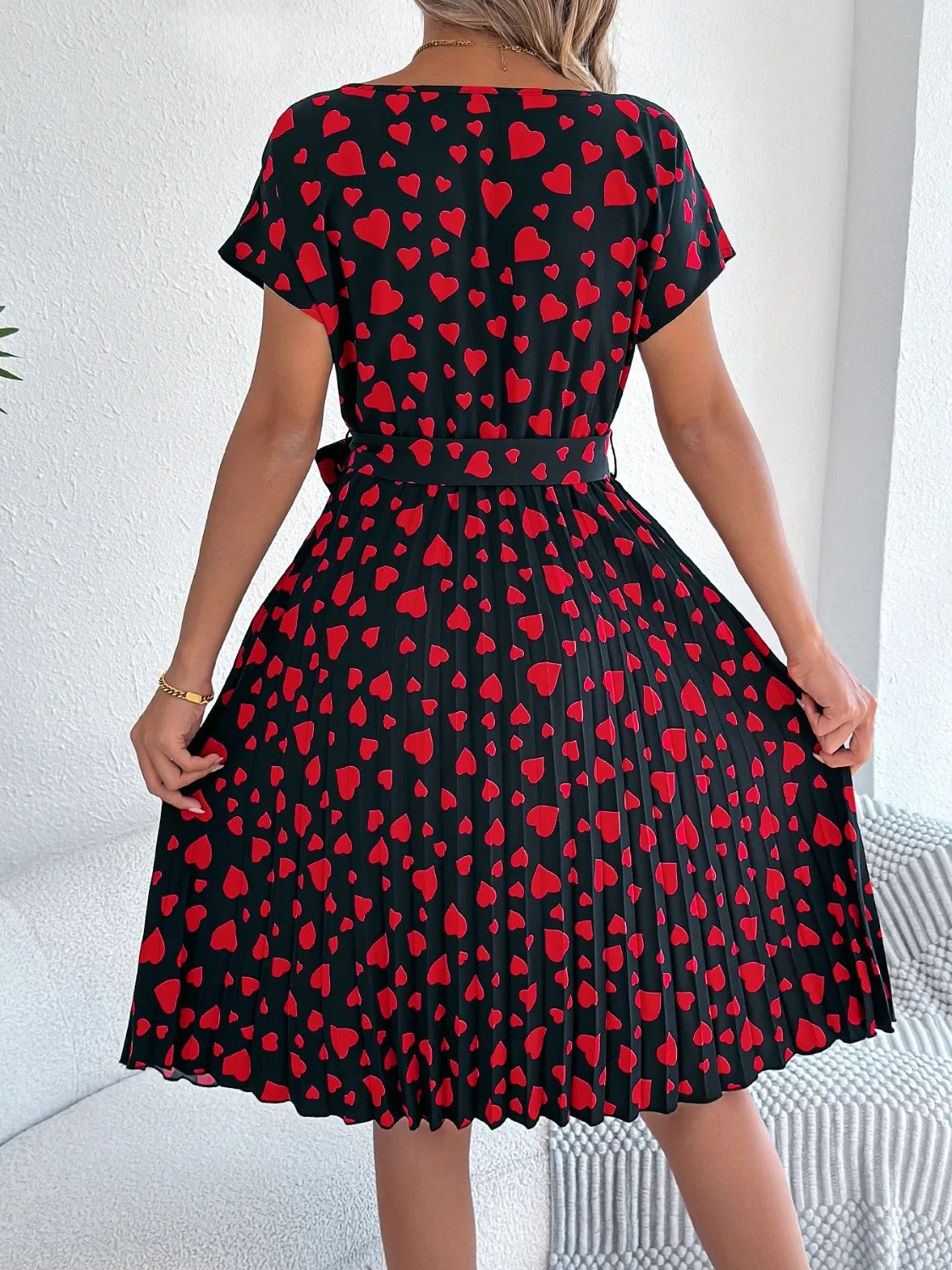 She Wears Glory™ “Hearts Set Apart” Tie-Waist Pleated Dress - She Wears Glory Beverly Hills