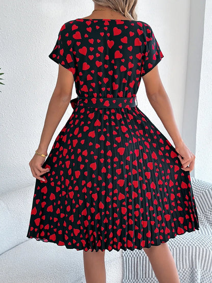 She Wears Glory™ “Hearts Set Apart” Tie-Waist Pleated Dress - She Wears Glory Beverly Hills