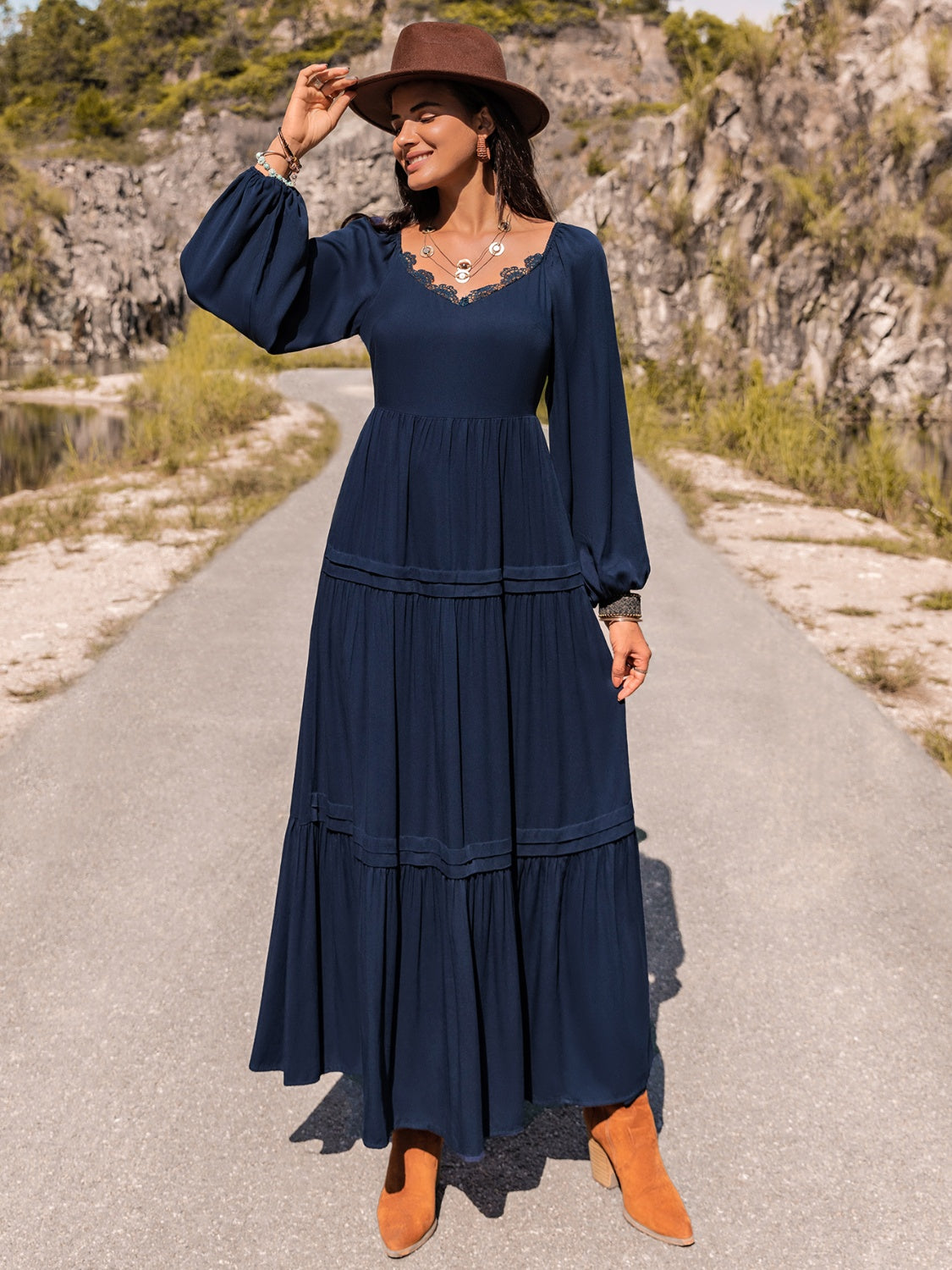 Long Sleeve Lace Trim Maxi Dress - She Wears Glory Beverly Hills