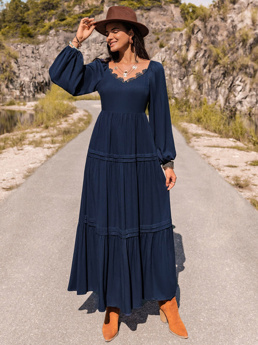 Long Sleeve Lace Trim Maxi Dress - She Wears Glory Beverly Hills
