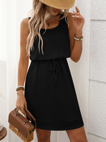 She Wears Glory™ “Sanctified Stillness” Waffle-Knit Drawstring Mini Tank Dress - She Wears Glory Beverly Hills