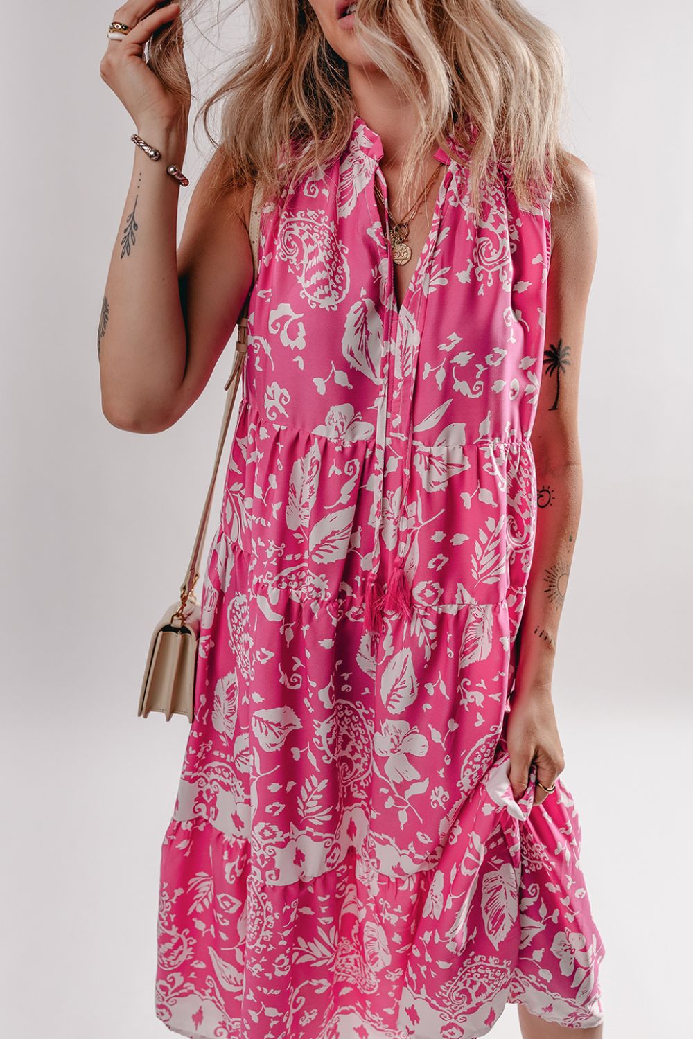 She Wears Glory “Daughter of the Dawn” Tasseled Tie-Neck Floral Tiered Midi Dress - She Wears Glory Beverly Hills