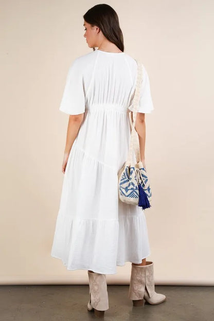 She Wears Glory™ Mineral Washed Elastic Neck Detail Midi Dress - She Wears Glory Beverly Hills