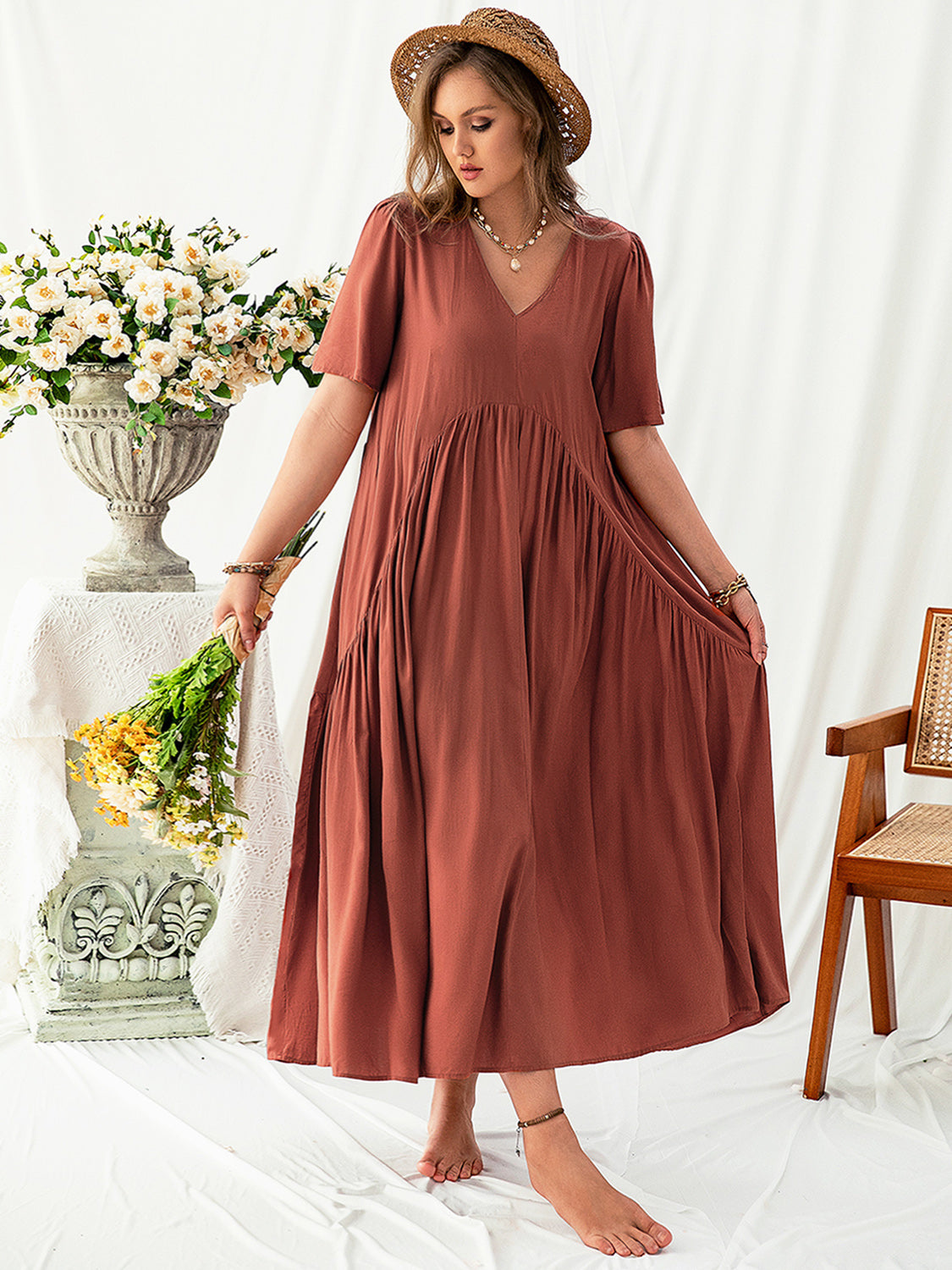 She Wears Glory™ “Grace in Bloom” Plus Size V-Neck Flutter Sleeve Midi Dress - She Wears Glory Beverly Hills