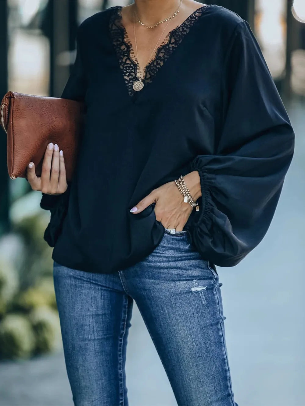 She Wears Glory™ — Adorned in Grace Lace V-Neck Long Sleeve Blouse - She Wears Glory Beverly Hills
