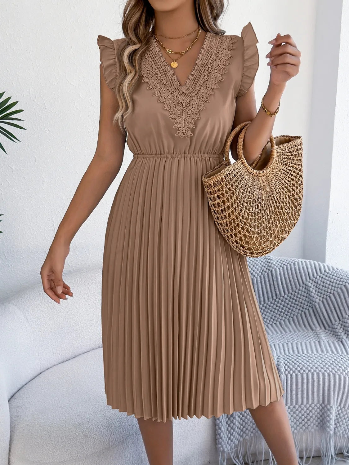She Wears Glory™ “Whispers of Grace” Lace & Ruffle Pleated Dress - She Wears Glory Beverly Hills
