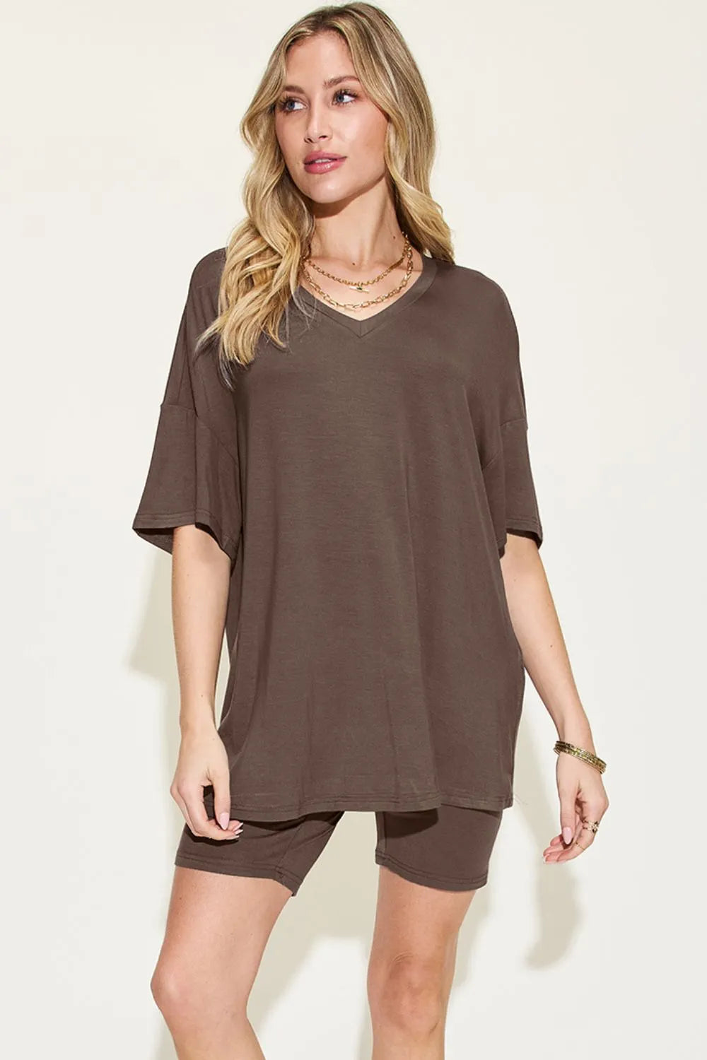 She Wears Glory™ Divine Ease Lounge Set Two-Piece Three-Quarter Sleeve Top &amp; Shorts in Soft Rayon Blend - She Wears Glory Beverly Hills