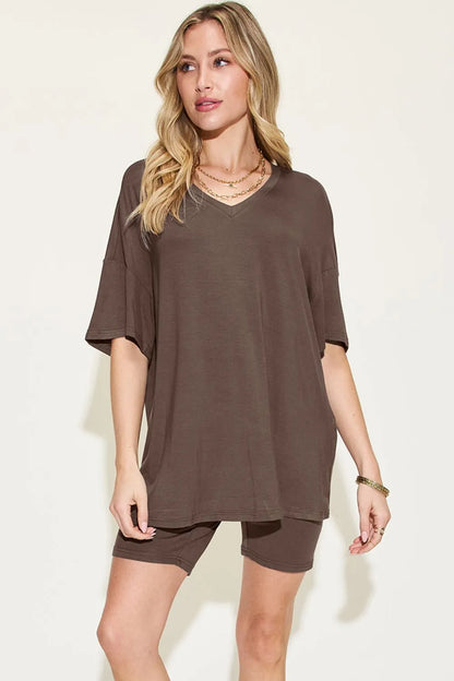 She Wears Glory™ Divine Ease Lounge Set Two-Piece Three-Quarter Sleeve Top &amp; Shorts in Soft Rayon Blend - She Wears Glory Beverly Hills