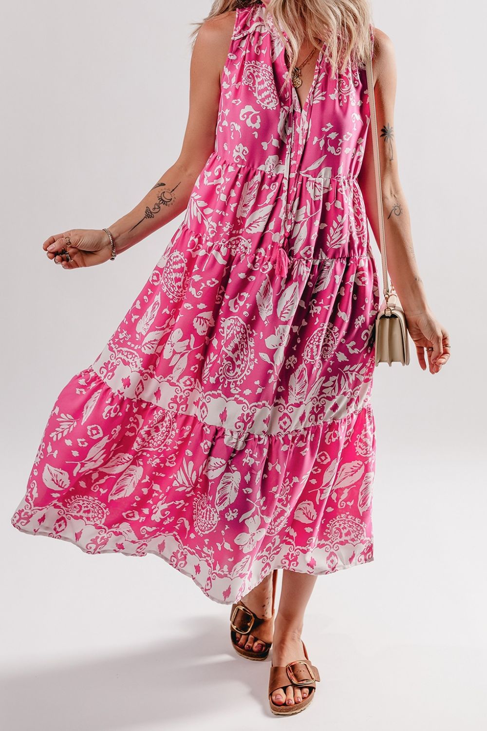 She Wears Glory “Daughter of the Dawn” Tasseled Tie-Neck Floral Tiered Midi Dress - She Wears Glory Beverly Hills