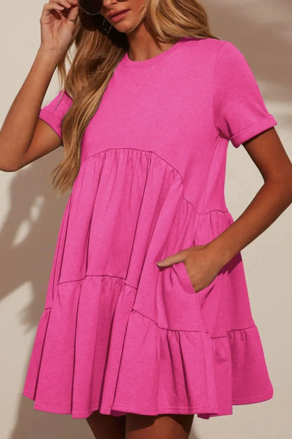 She Wears Glory™ Tiered Round Neck Short Sleeve Mini Dress - She Wears Glory Beverly Hills