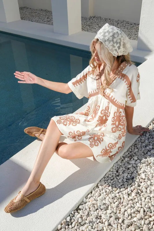 She Wears Glory “Radiant Joy” Printed V-Neck Woven Mini Dress - She Wears Glory Beverly Hills