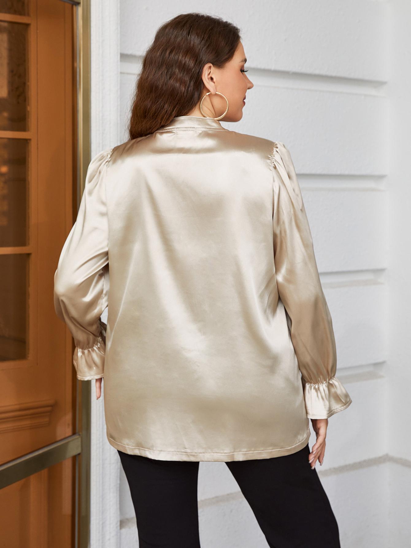 She Wears Glory™ “Quiet Reverence” Plus Size Flounce Sleeve Band Collar Shirt - She Wears Glory Beverly Hills