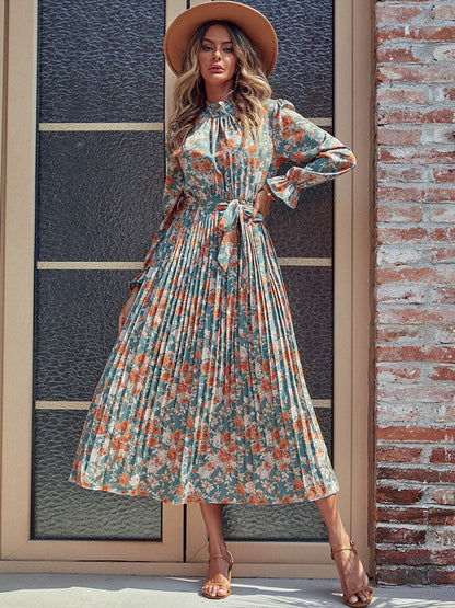 She Wears Glory™ – The Virtue Robe Dress (Pleated Mock Neck Printed Long Sleeve Dress) - She Wears Glory Beverly Hills
