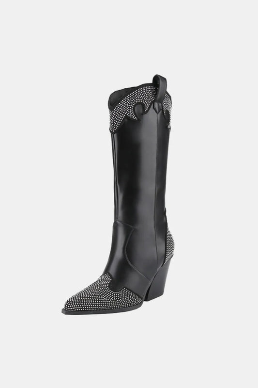She Wears Glory™ Chunky Heel Rhinestone Decor Western Boots - She Wears Glory Beverly Hills